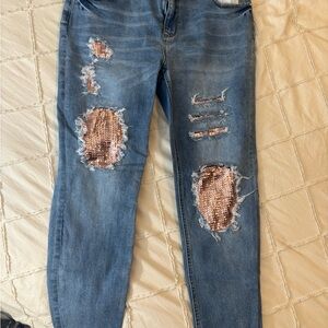 K Jordan Blue Jeans with Rose Gold Sequin Patches